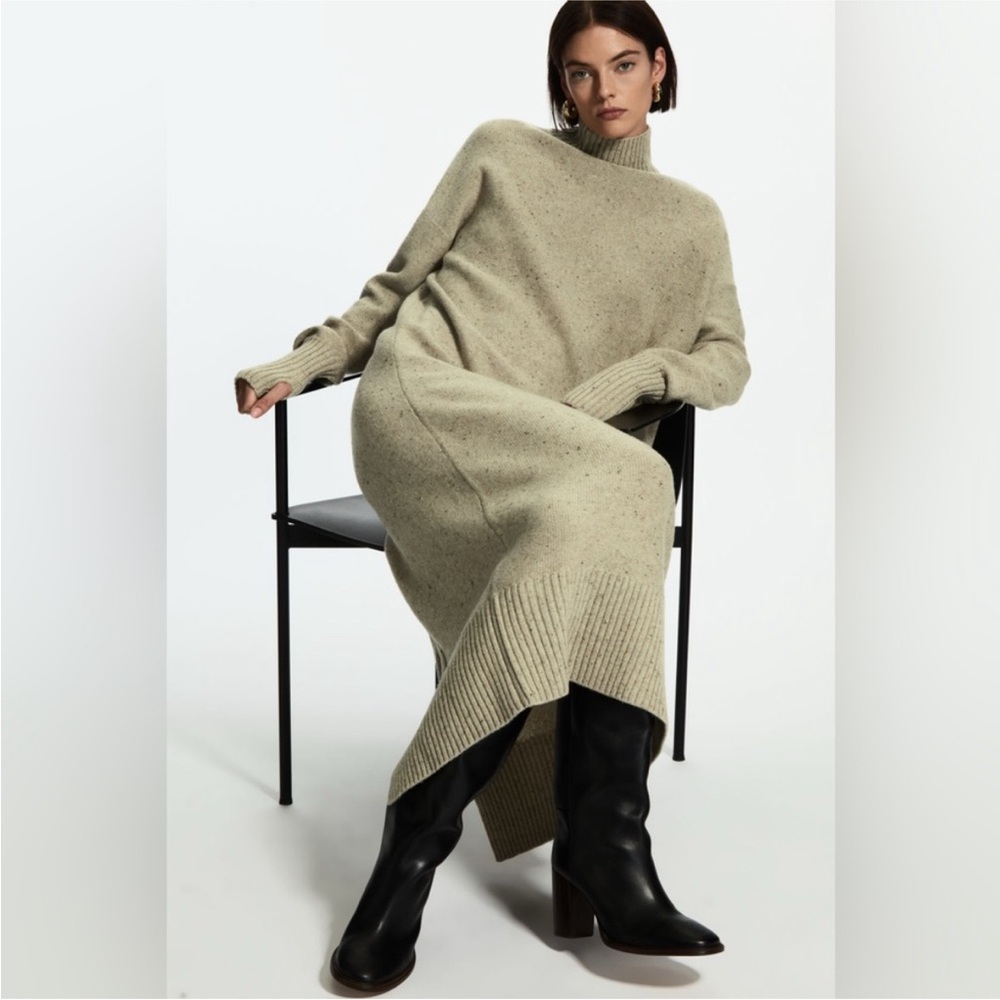 NWT COS Longline Knitted Wool Turtleneck Sweater Dress in Beige